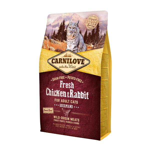 Carnilove cat food: Fresh Chicken & Rabbit. wildcat in forest, 