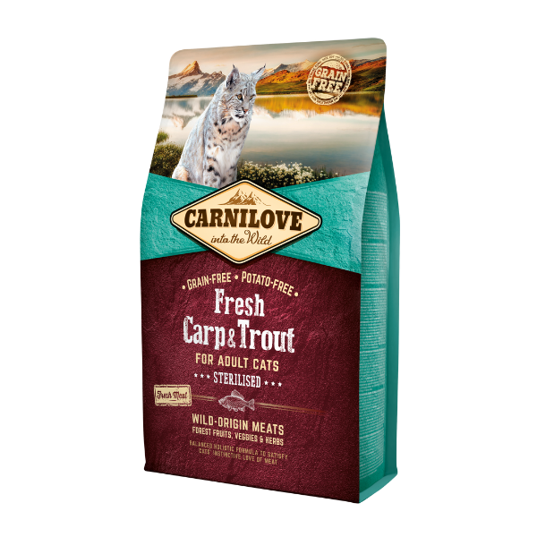 Carnilove Fresh Carp & Trout cat food. Wolf art, scenic background, 