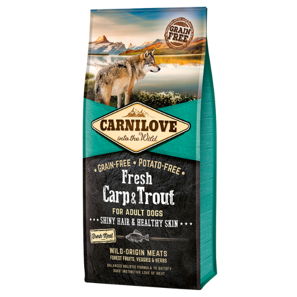 Carnilove Fresh Carp & Trout dog food bag with wolf image; text: grain-free, shiny coat, wild meats, adult dogs.