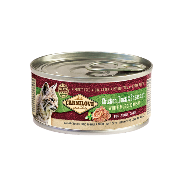 Carnilove tinned cat food: Chicken, Duck & Pheasant. wildcat on burgundy label. Grain-free, white muscle meat for adults.