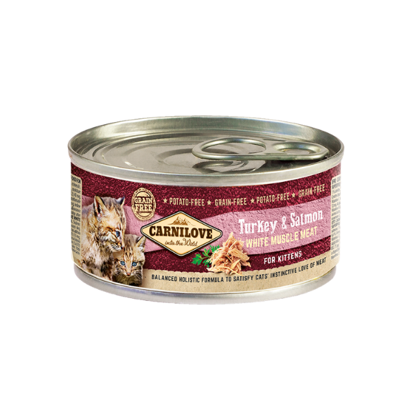 Kitten food tin with cat image: “Turkey & Salmon, White Muscle Meat, Grain-Free, Potato-Free.”