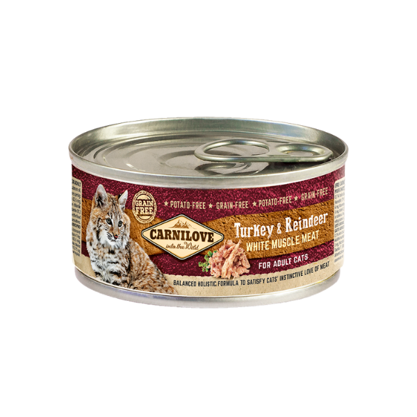 Carnilove tinned cat food: Turkey & Reindeer muscle meat. wildcat image, grain-free, potato-free, adult formula.