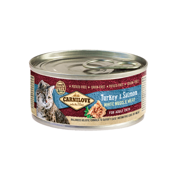 Carnilove tinned cat food: Turkey & Salmon. Cat image on white background, 