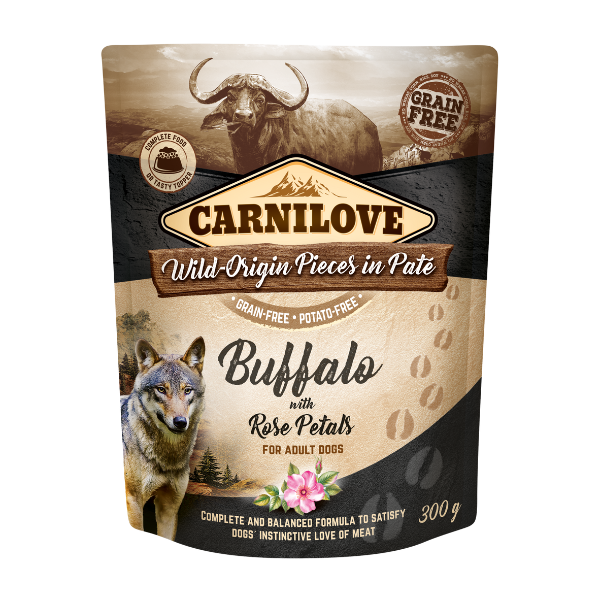 Pâté pouch shows wolf and buffalo; flavour: buffalo with rose petals, 300g.