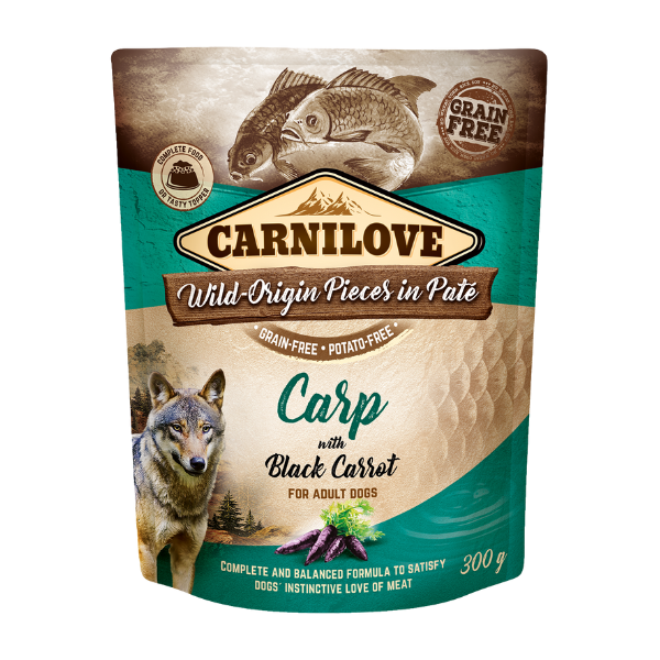 Carnilove Carp with Black Carrot pâté pouch for adult dogs. Grain-free, potato-free; 300g.