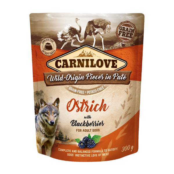 Carnilove Ostrich with Blackberries pâté for adult dogs; 300g; grain-free; mountain wildlife background.