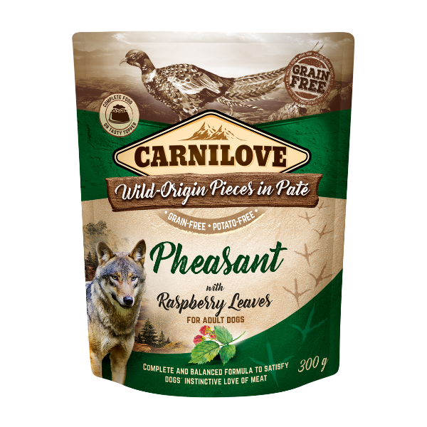 Carnilove pouch with pheasant & raspberry leaves for adult dogs. Wolf and pheasant imagery; grain-free.