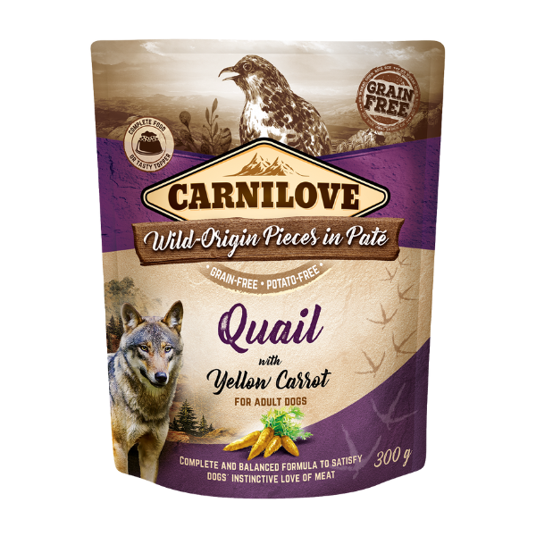 Carnilove dog treats: Quail & Oregano flavour, grain-free, wolf image. Promotes healthy digestion for all dogs.