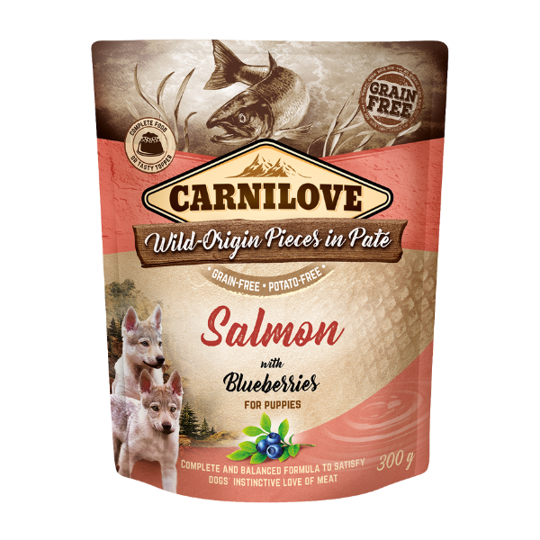 Puppy food pouch with fish and wolf pups: “Grain-Free,” “Pieces in Pâté,” salmon and blueberries.