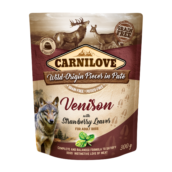 Carnilove Venison with Strawberry Leaves dog food. Wilderness scene; 300g; for adults; grain-free.