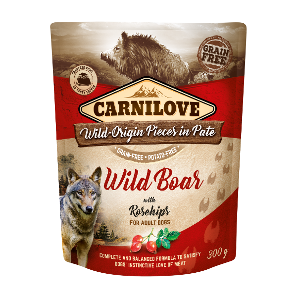 Carnilove Wild Boar with Rosehips dog food. Wolf and boar imagery; grain-free; adult formula.