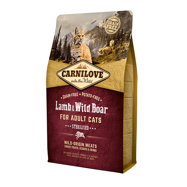 Carnilove Lamb & Wild Boar cat food for sterilised adults. Wildcat in mountains. 