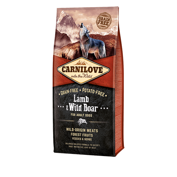 Carnilove Lamb & Wild Boar dog food. Wolf art, 
