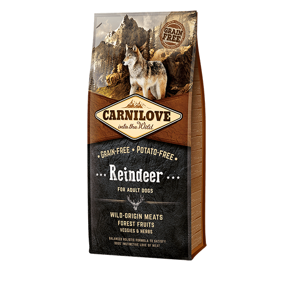 Carnilove Reindeer dog food. Wolf art, 