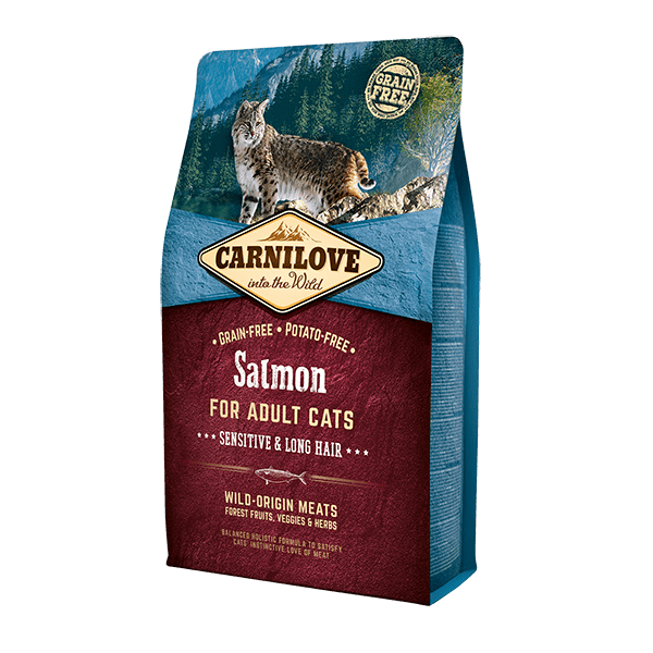 Carnilove cat food: Salmon for sensitive, long hair cats. wildcat on rock, 