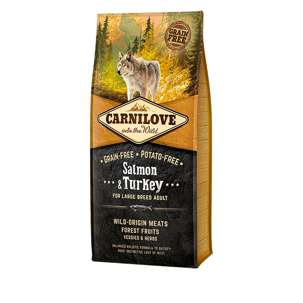 Carnilove Salmon & Turkey for large breed adults. Wolf image, 