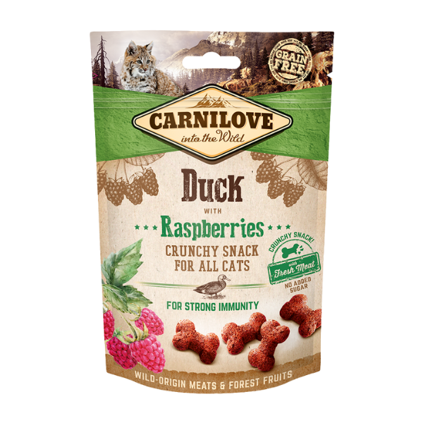 Cat snacks: duck, raspberry, labeled “Grain-Free,” promotes immunity.