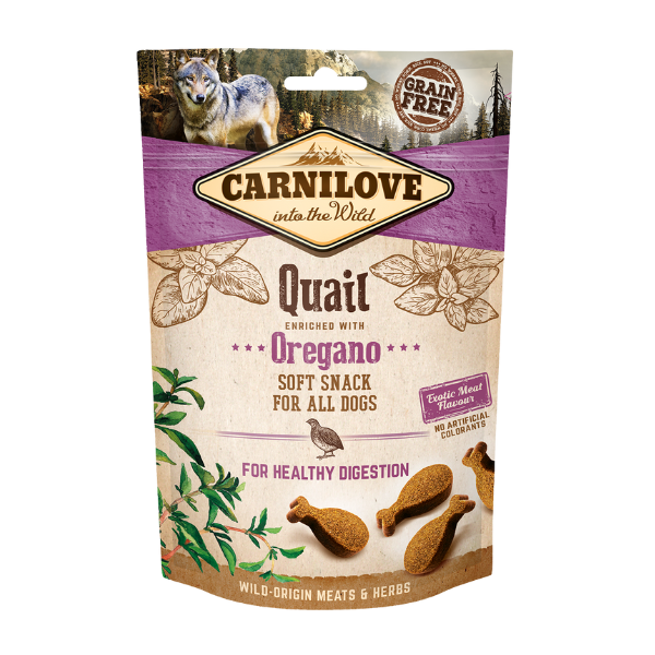 Carnilove dog treats: Quail & Oregano flavour, grain-free, wolf image. Promotes healthy digestion for all dogs.