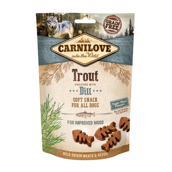 Carnilove soft snacks with trout & dill; forest-themed; text: grain-free, improved mood; shaped treats shown.