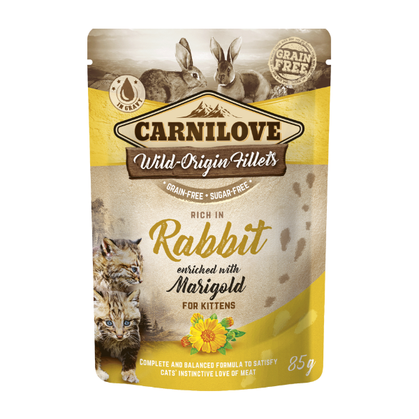 Carnilove kitten food pouch: Rabbit & Marigold, 85g. Grain-free, sugar-free, animal artwork, designed for young cats.