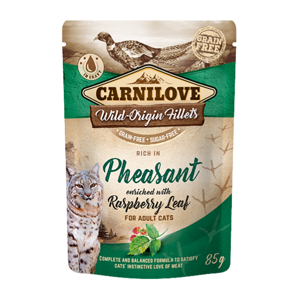 Carnilove Wild-Origin Fillets cat pouch: Pheasant & Raspberry Leaf, wildcat image, grain-free, sugar-free, 85g, for adult cats.