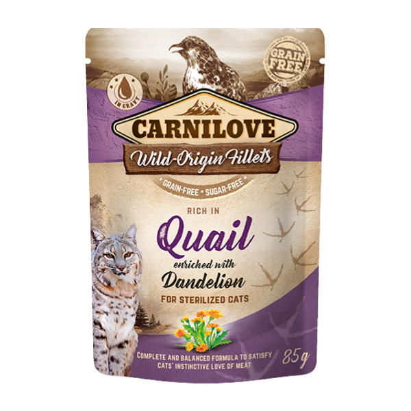 Carnilove cat pouch: Quail & Dandelion, for sterilized cats. wildcat art, grain-free, sugar-free, 85g, Wild-Origin Fillets line.