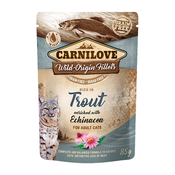 Carnilove pouch: Wild-Origin Fillets with Trout & Echinacea. wildcat image, 