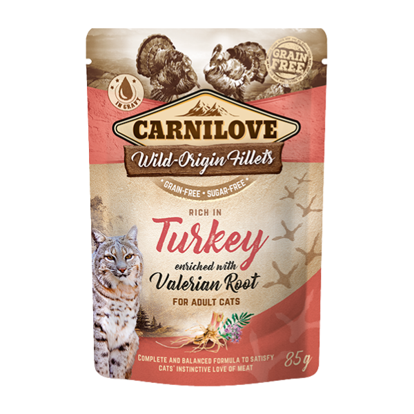 Carnilove Wild-Origin Fillets for cats: Rich in Turkey with Valerian Root. Grain/sugar free, wildcat image, 85g.
