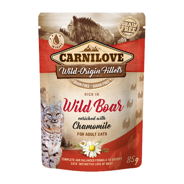 Carnilove Wild Boar with Chamomile cat fillets. wildcat image, forest backdrop, wild-origin meat for adults.