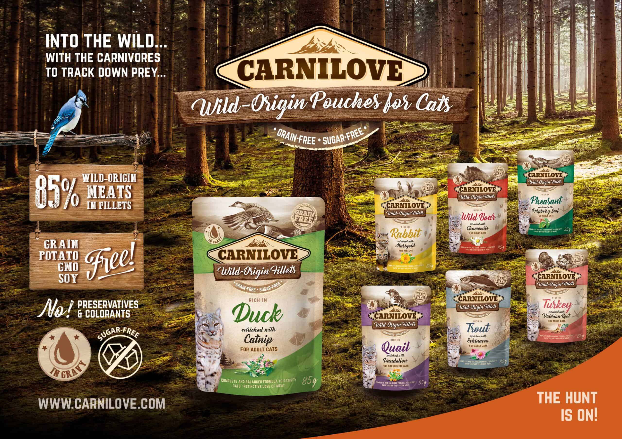 Carnilove pouches in a forest scene; text highlights 