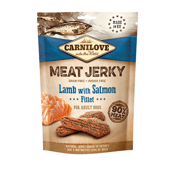 Carnilove Meat Jerky with lamb & salmon filet; text: grain-free, potato-free, made in EU; image shows jerky pieces.