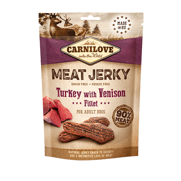 Carnilove Meat Jerky Turkey with Venison bag; forest scene with deer; text: 90% meat, adult dogs.