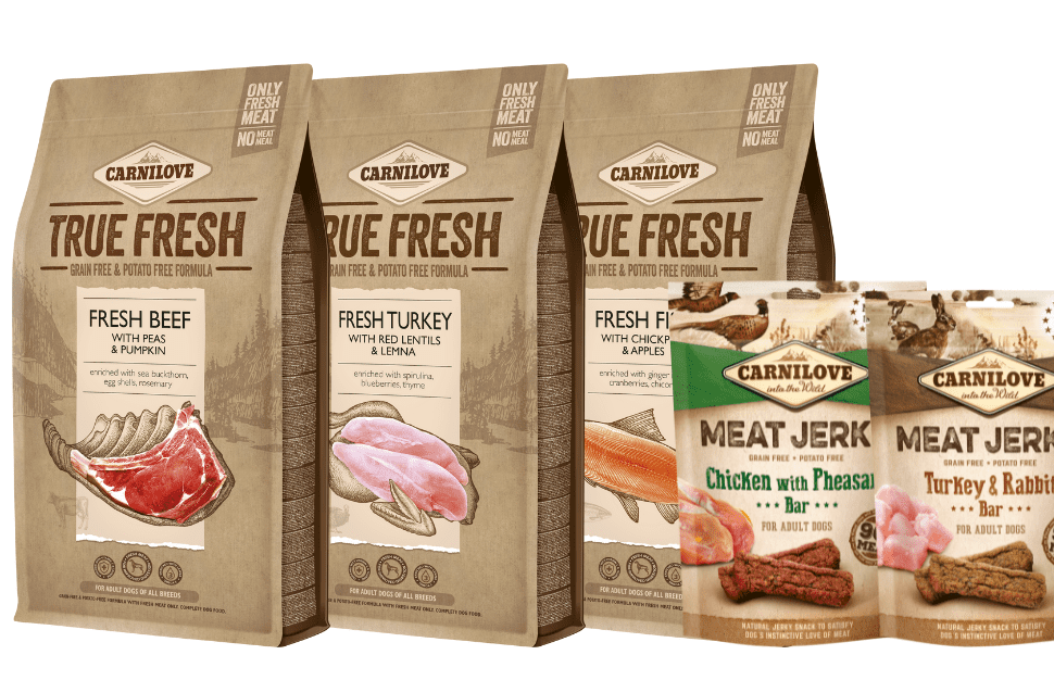 Carnilove dog food: 3 large bags, 2 small pouches. Flavours include beef, turkey, chicken, rabbit. 