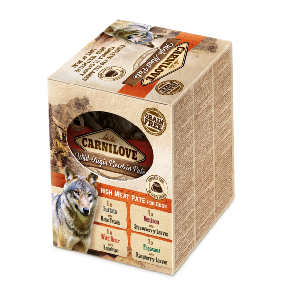 Cube pack with wolf, labeled “Wild-Origin Finest in Pâté,” flavours listed.